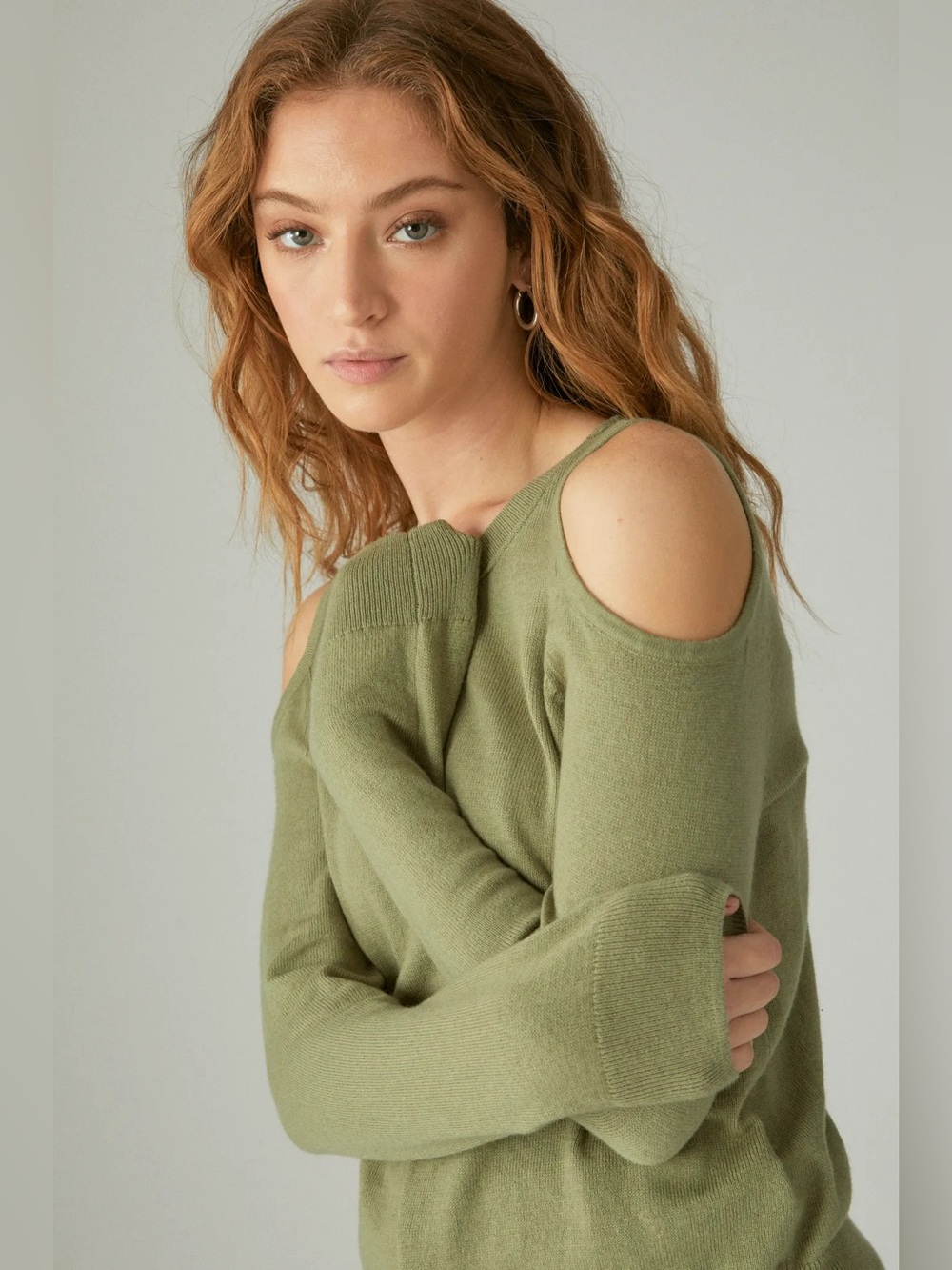 Lucky Brand Cloud Soft Cold-Shoulder Sweater in Oil Green